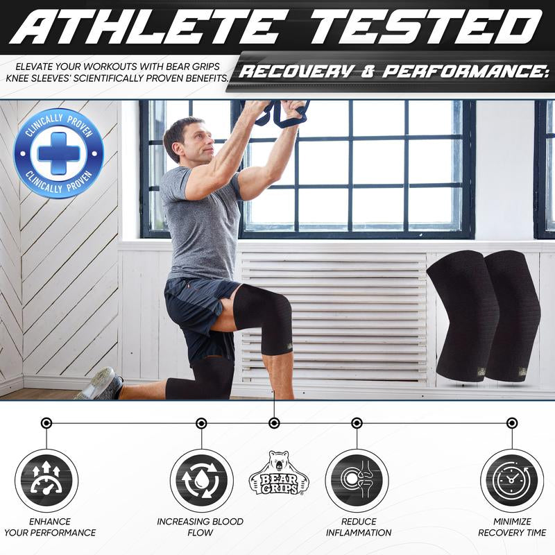 Bear Grips Knee Compression Sleeve for Knee Pain - 1 Pair Workout Equipment Knee Support for Running, Injury Protection - Home Gym Equipment Knee Pads for Women and Men