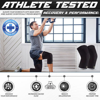 Bear Grips Knee Compression Sleeve for Knee Pain - 1 Pair Workout Equipment Knee Support for Running, Injury Protection - Home Gym Equipment Knee Pads for Women and Men