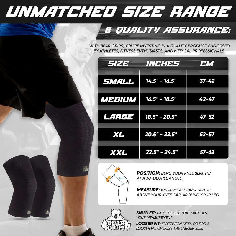 Bear Grips Knee Compression Sleeve for Knee Pain - 1 Pair Workout Equipment Knee Support for Running, Injury Protection - Home Gym Equipment Knee Pads for Women and Men