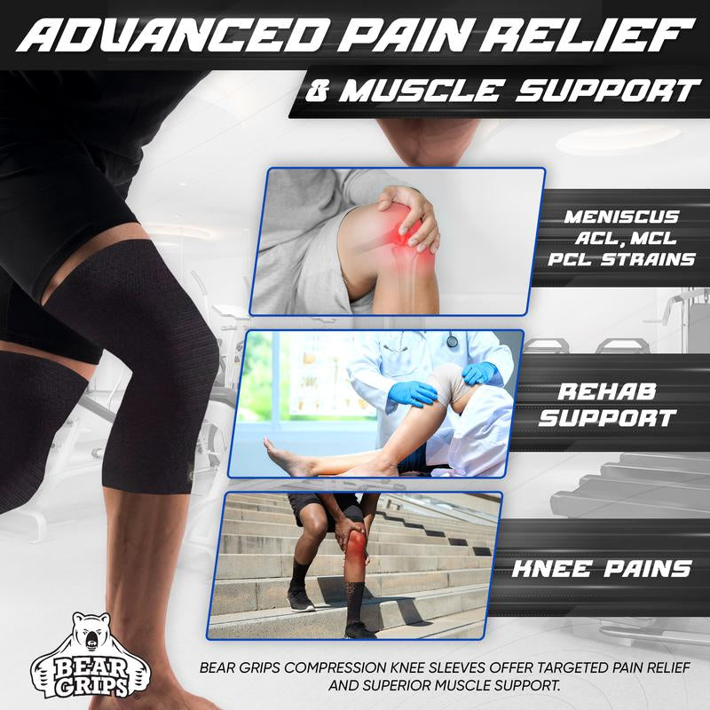 Bear Grips Knee Compression Sleeve for Knee Pain - 1 Pair Workout Equipment Knee Support for Running, Injury Protection - Home Gym Equipment Knee Pads for Women and Men