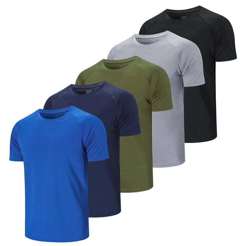 5 Pack Running Tops Men Casual Crew Neck Shirts Workout Plain Quick Drying Gym Top Moisture Wicking Active Athletic T-Shirts Short Sleeve Sports Tops