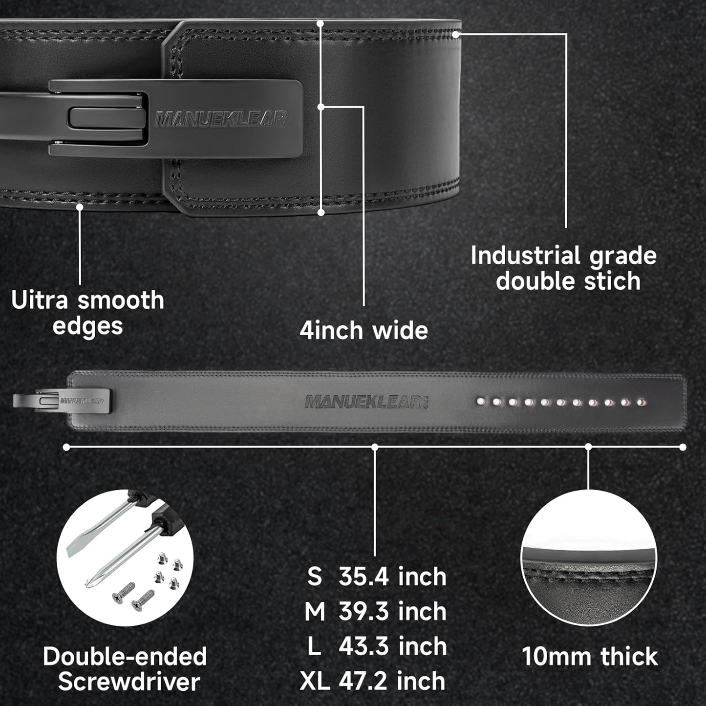 MANUEKLEAR 10Mm Thick & 4Inch Wide Weight Lifting Belt Lever, Lever Belt Weightlifting for Men and Women, Powerlifting Lever Gym Belt for Squat Deadlift Workout