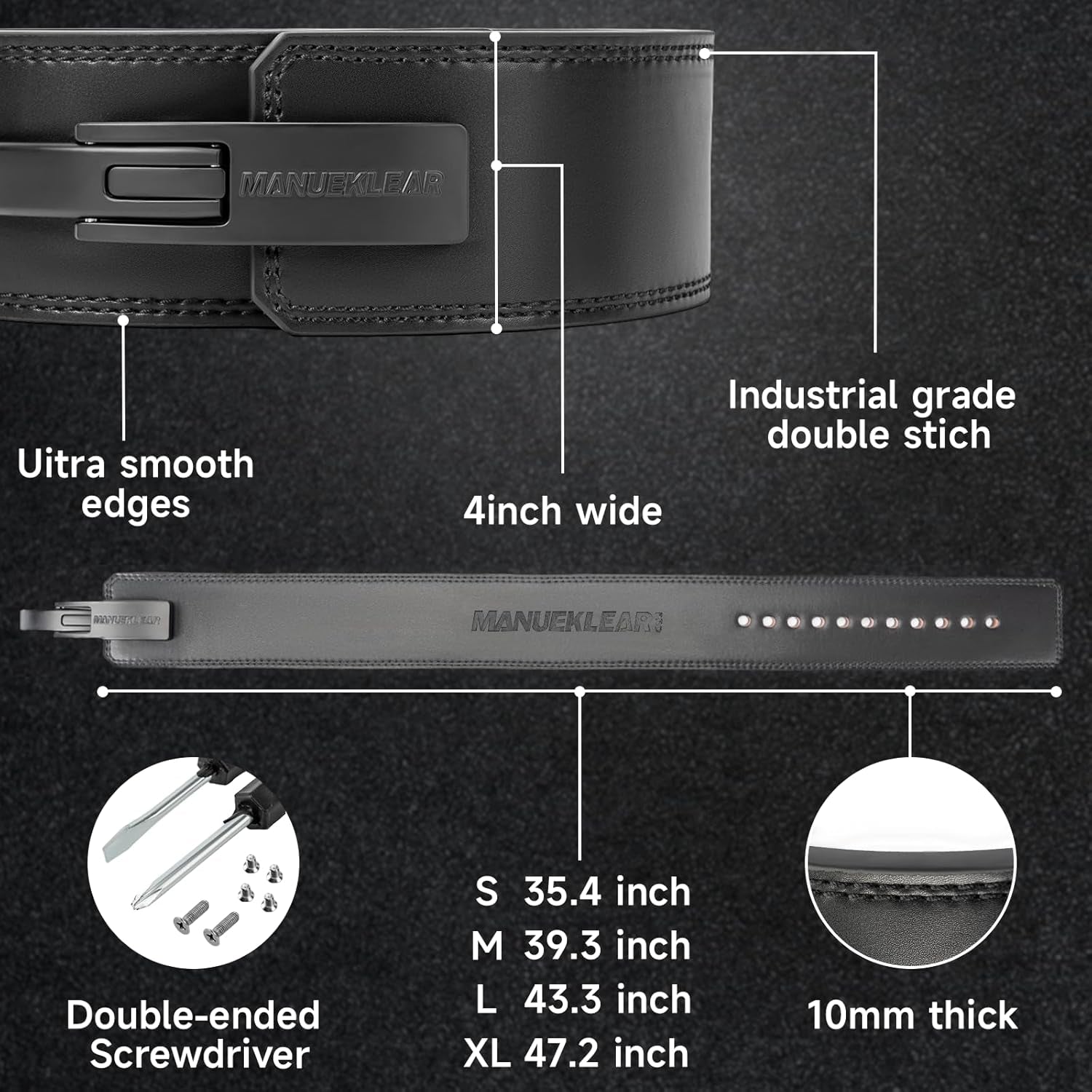 MANUEKLEAR 10Mm Thick & 4Inch Wide Weight Lifting Belt Lever, Lever Belt Weightlifting for Men and Women, Powerlifting Lever Gym Belt for Squat Deadlift Workout